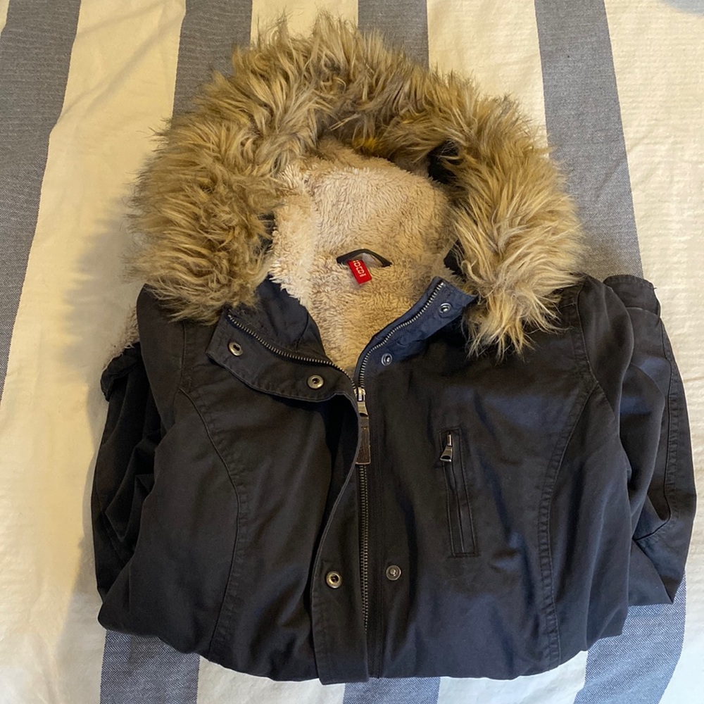H&M Navy Quilted Parka with Fur Hood